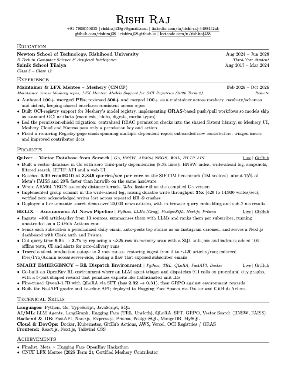 First page of Rishi Raj's AI and ML CV