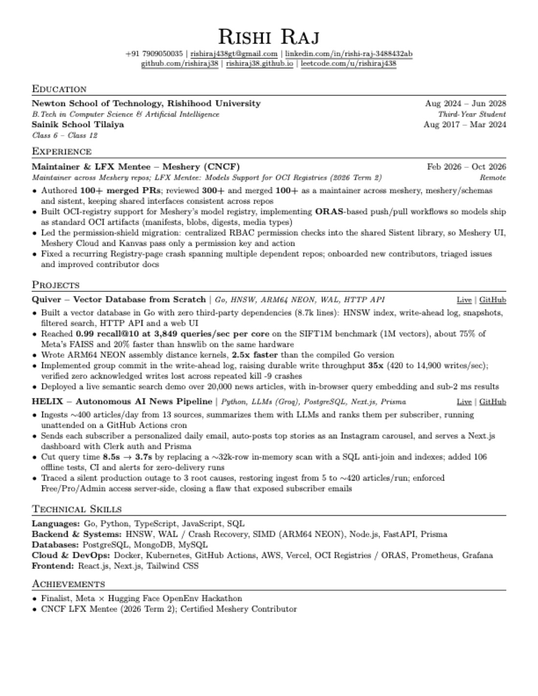 First page of Rishi Raj's software engineering CV